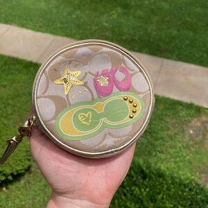 Coach Signature C Doodle Printed Gold Studded Gold Sequin Star Coin Purse Bag